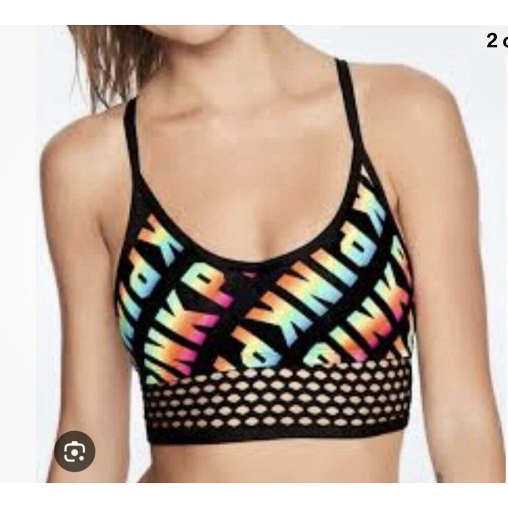 Victoria's Secret PINK Ultimate Wireless Sports Bra Mesh Band Spellout Sz Medium